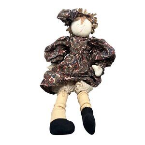 Vintage Handmade Rag Doll Paisley Dress & bow ribbon 25" brown READ